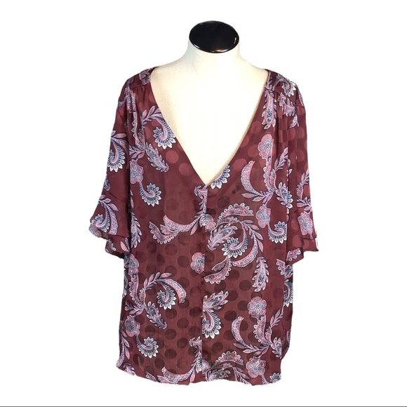 large blouse NWT size large flutter sleeve Ivanka trump burgundy paisley boho - Picture 1 of 8